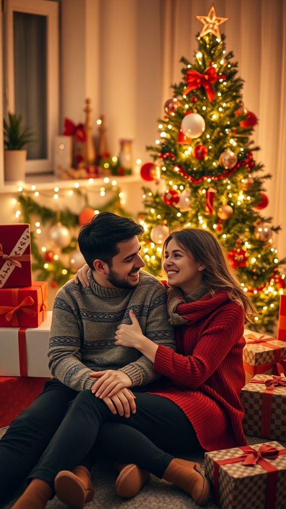 A couple by a Christmas tree, sharing a warm embrace, surrounded by festive decorations.